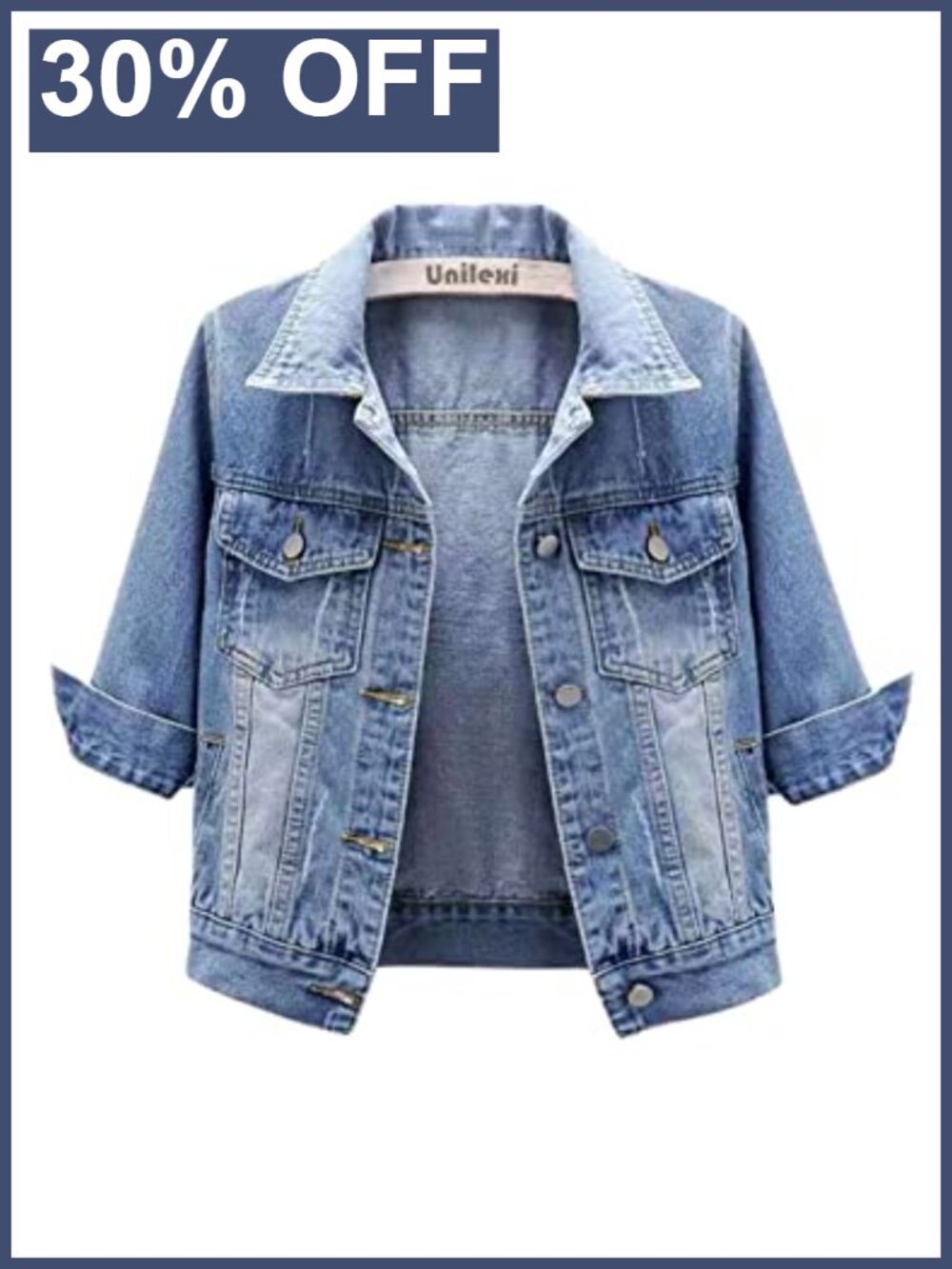 Women's Cropped Denim Jacket 3/4 Sleeve Button Down Jean Coat